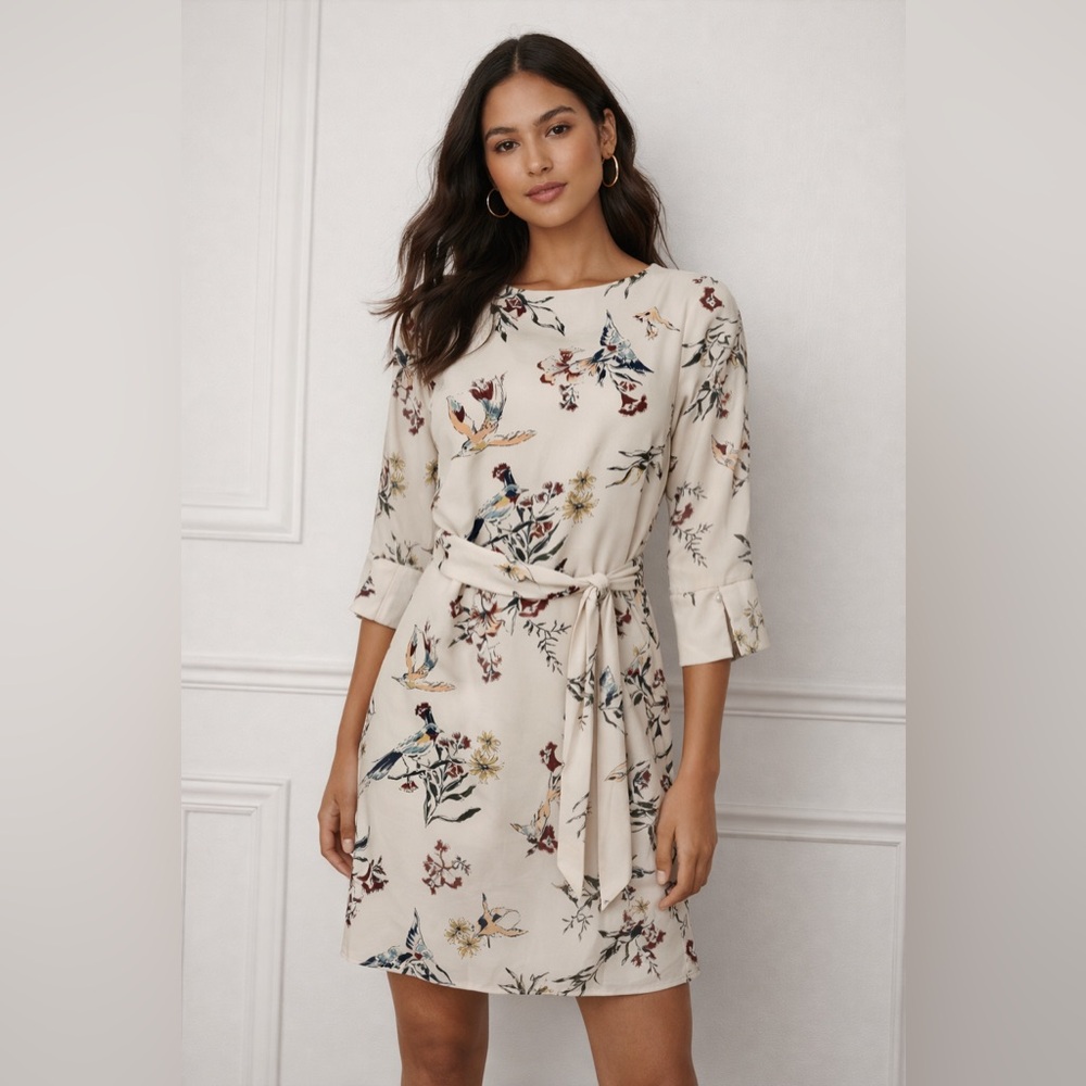 H&M Cream Floral Bird Print Dress